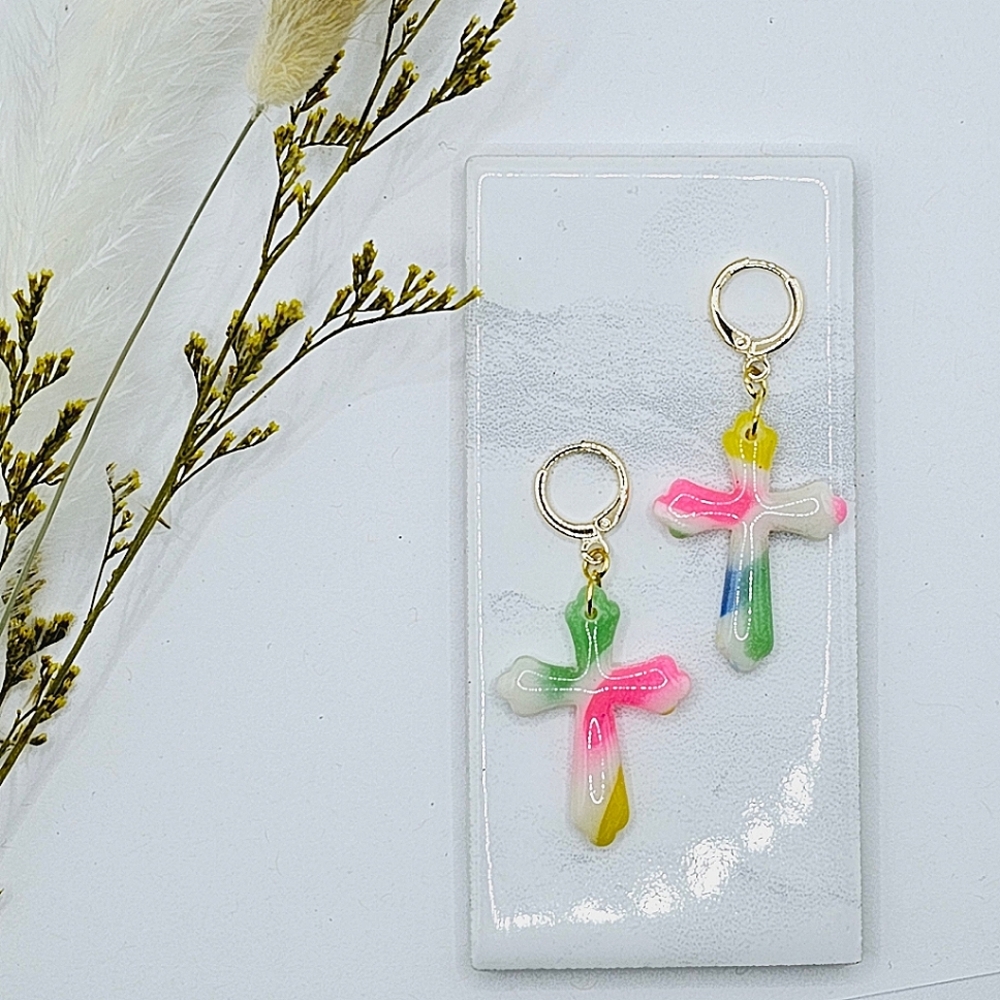 Colorful Marbled Cross Dangle Huggie Earrings Religious Easter Gift Handmade